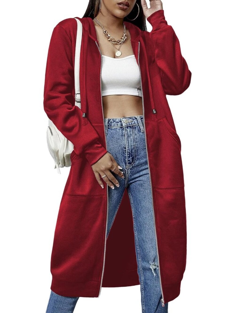 〽️Women's Red Casual Zip Up Fleece Tunic Oversized Pocket Long Hoodie Jacket
